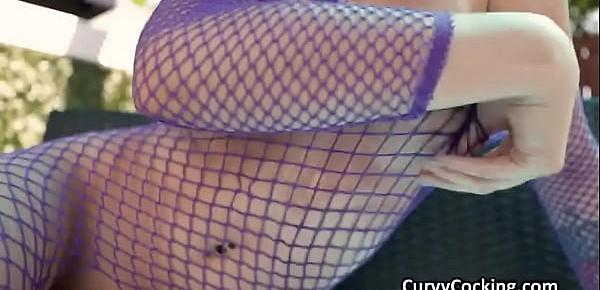  Big tits wrapped in fishnet ready for a big hard cock